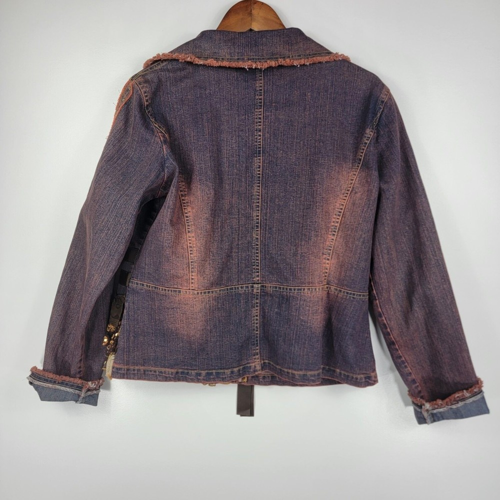 Chagall Womens Sz Large Denim Jacket Sequins Ribbon Tie Fray Edges - Picture 5 of 5